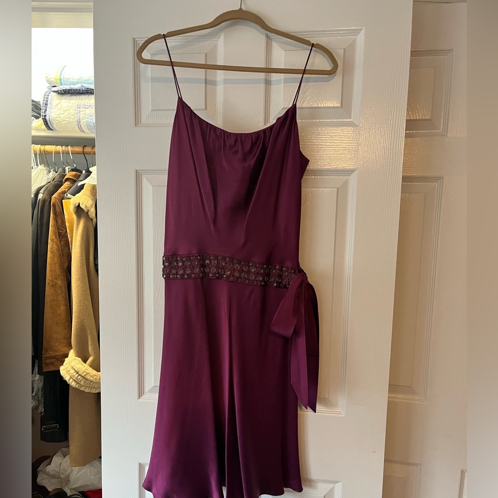 Anne Klein purple satin beaded drop waist cocktail dress